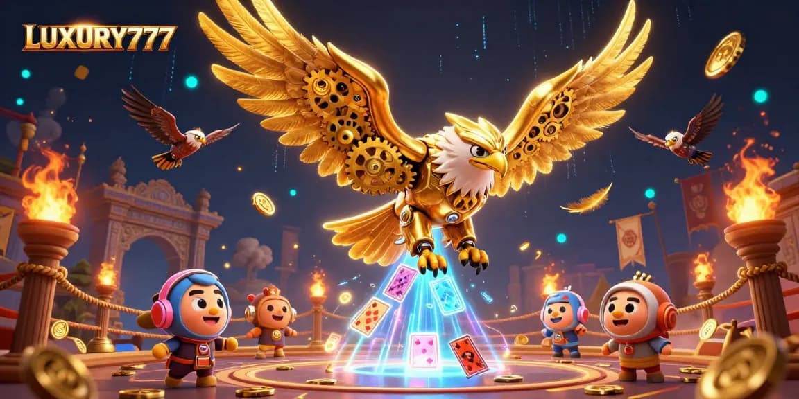 Menikmati kemenangan dengan LUXURY777, ilustrasi kasino yang menawan menampilkan elang cybernetic yang menyelam melalui kartu bermain.