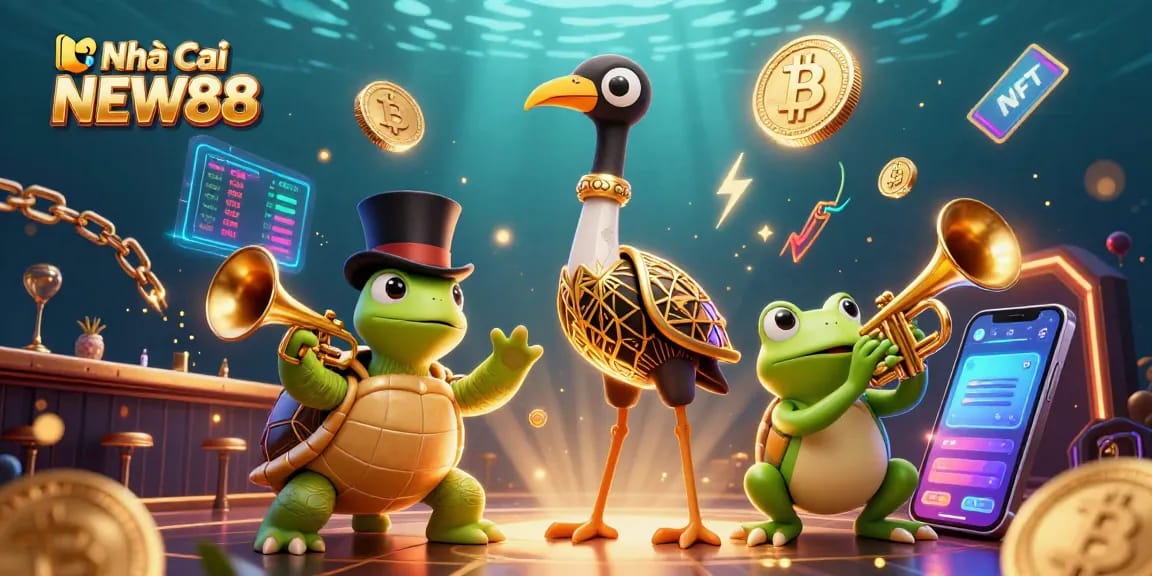 Experience thrilling gaming at Nhà cái NEW88 with captivating 3D characters and crypto elements dazzling in a vibrant casino scene.