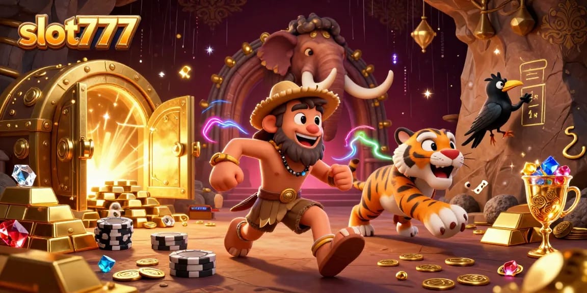 Experience the thrill of slot777 action with a vibrant prehistoric casino featuring animated characters and treasures.