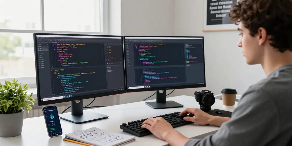 Developer focusing on a mobile app development course online, working with Kotlin on dual monitors in a bright workspace.