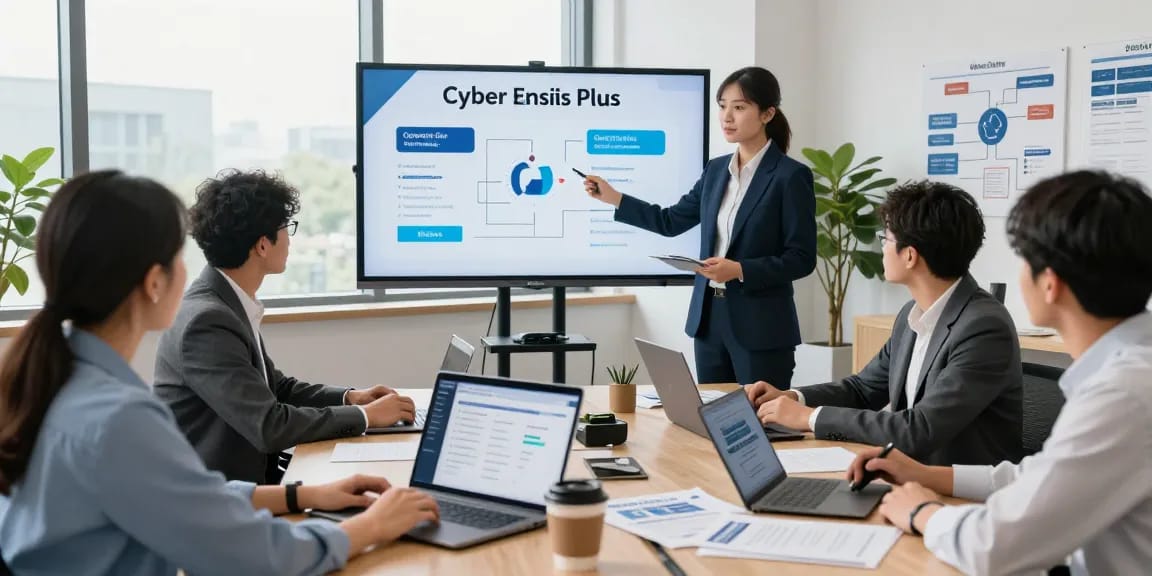 Engaging Cyber Essentials Plus certification meeting with team reviewing compliance metrics and security dashboards in a modern office.