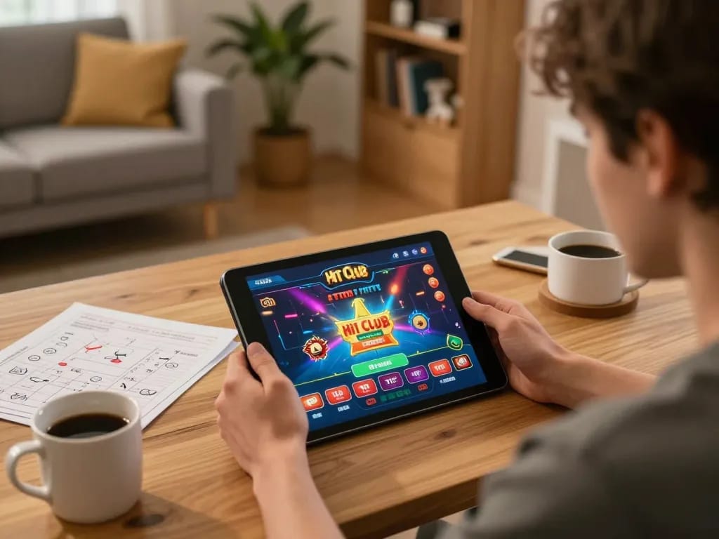 Engaged player using the Hit Club app for online casino gaming in a cozy setting