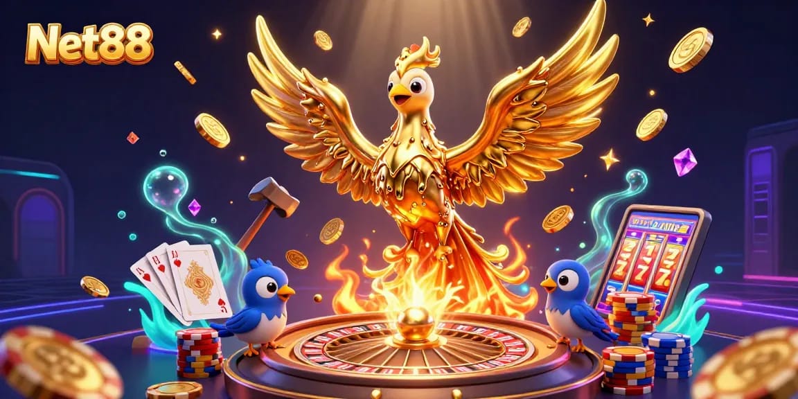Experience immersive gameplay with Net88's golden phoenix and dynamic casino elements.