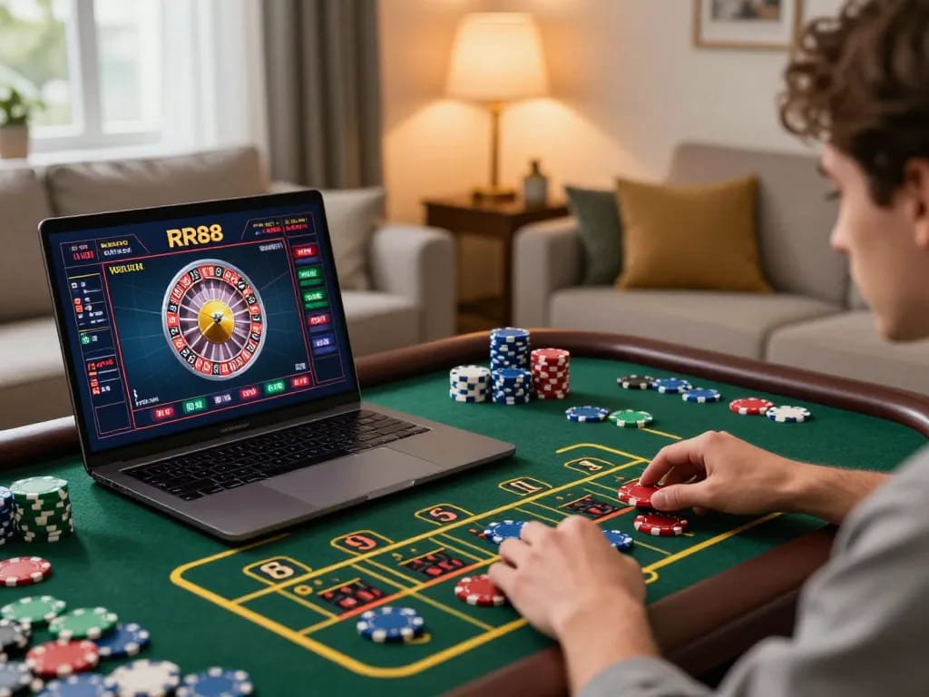 Player enjoying RR88 online roulette game at home with cozy atmosphere