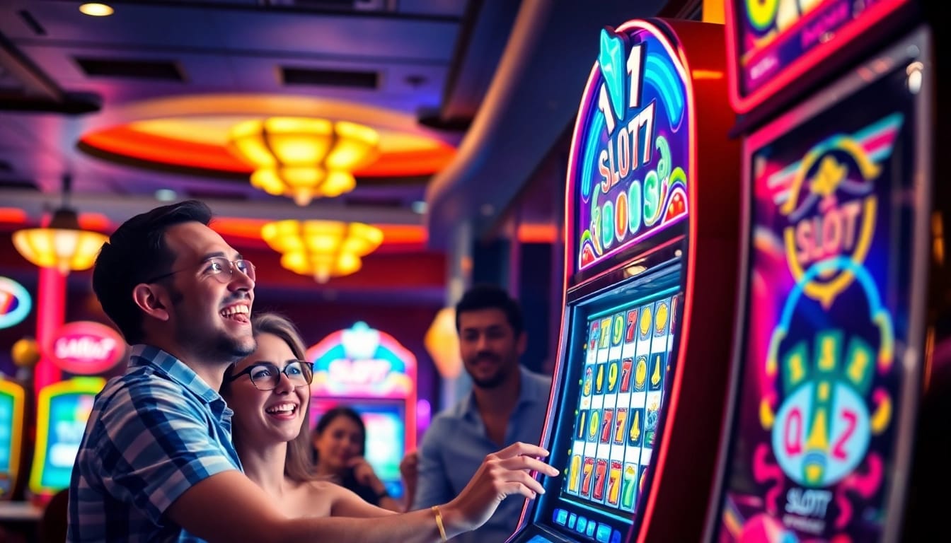 Slot77 mesin dengan pemain bersemangat yang merayakan kemenangan di kasino