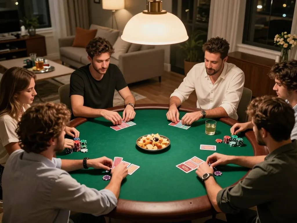 Friends enjoying a competitive poker game night at home with XX88 atmosphere, vibrant chips and cards.