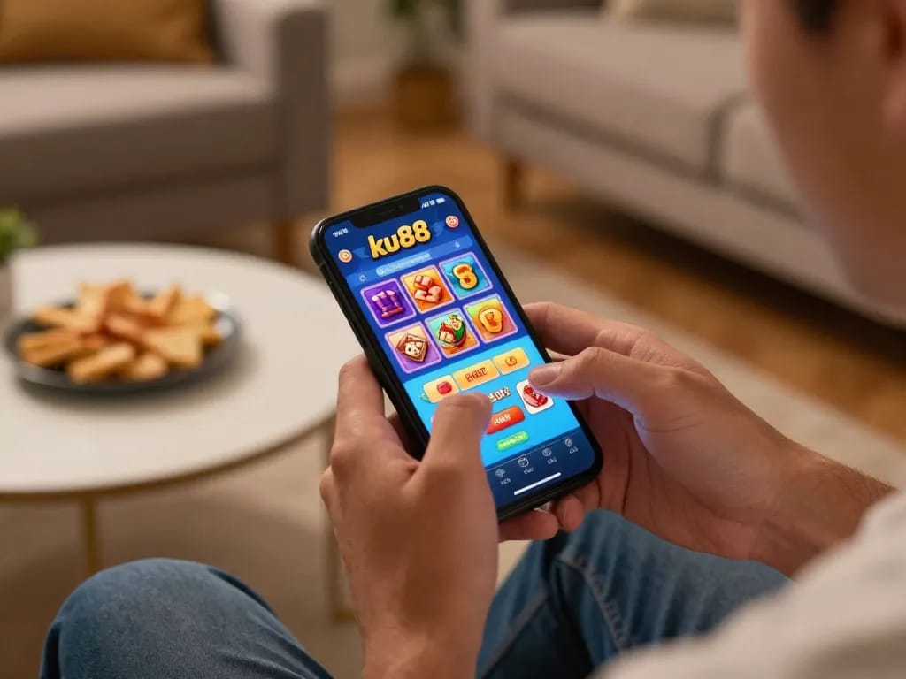 Player enjoying the ku88 casino app on a smartphone, illustrating online gaming experience.