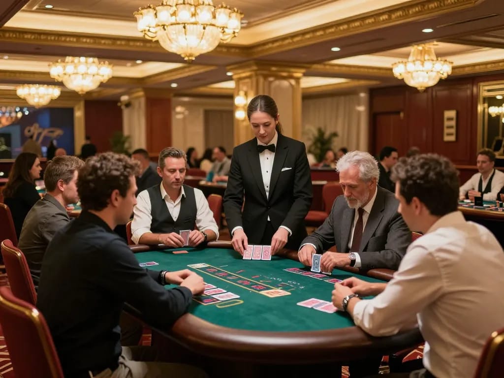 Players strategizing at a blackjack table in a stunning LV88 casino setting