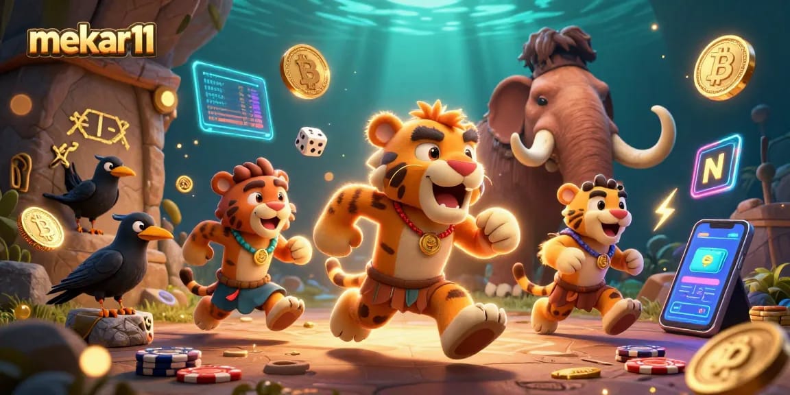 Mekar11 showcases a vibrant prehistoric casino scene, highlighting gambling excitement with 3D characters.