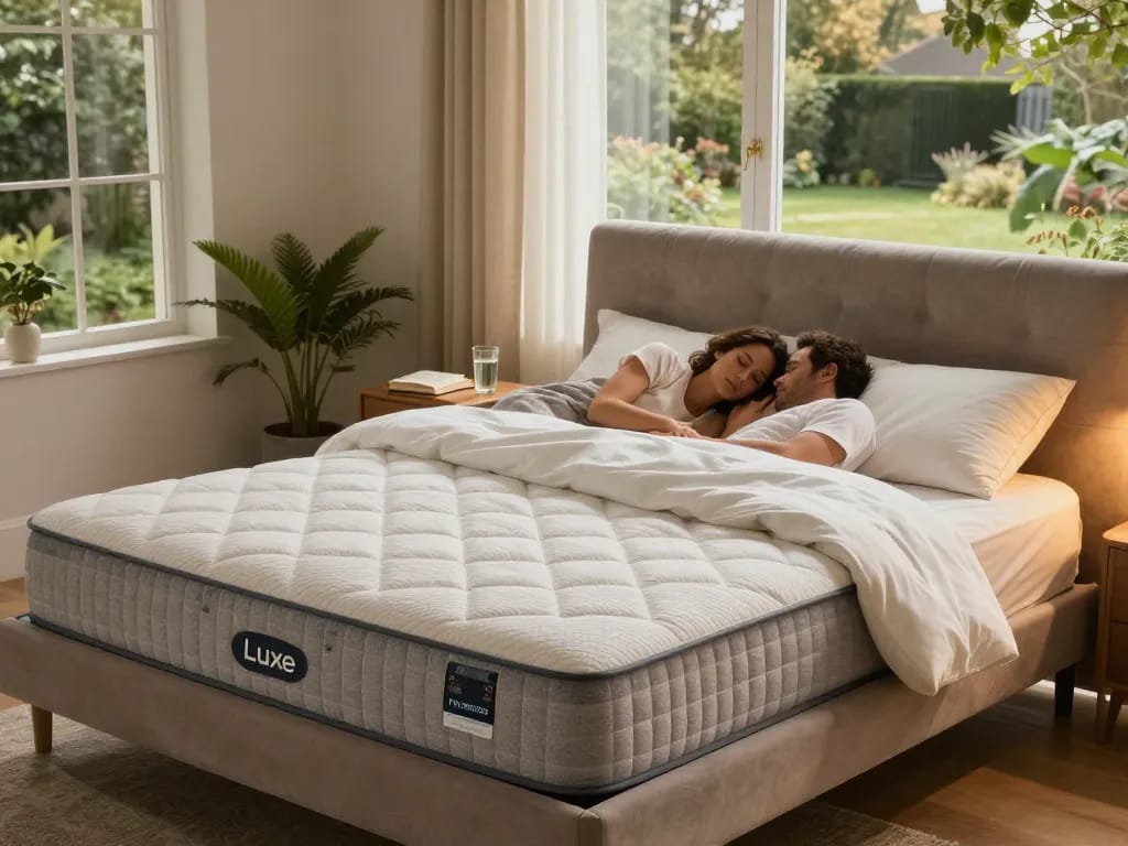 Relaxing bedroom with a couple sleeping on a hybrid mattress surrounded by cozy decor.