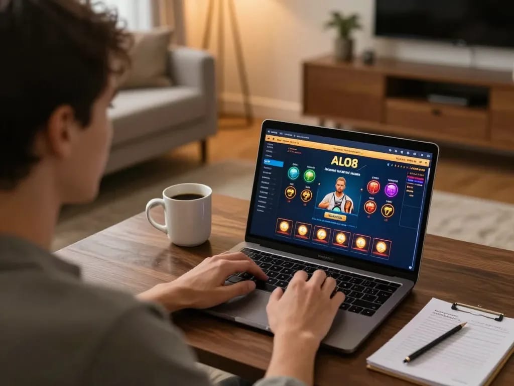 Player engaging with ALO8 online casino on laptop, showcasing strategic gameplay in a cozy home setting.