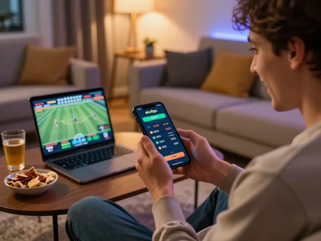Betting through the abc8go app on a smartphone while enjoying an exciting sports event at home