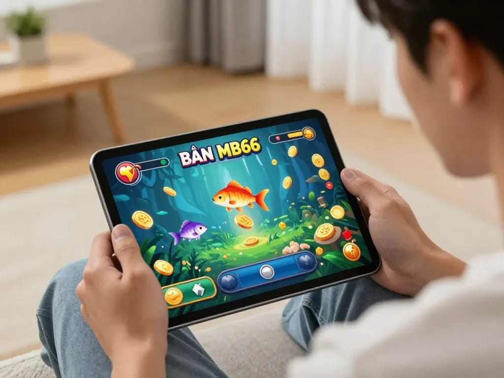 bắn cá mb66 gameplay on a tablet in a cozy home setting, highlighting immersive online gambling.