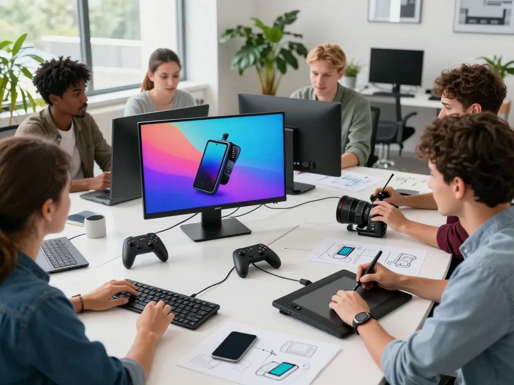 Discover trending tech gadgets in a collaborative workspace setting showcasing innovation and Bluetooth devices.
