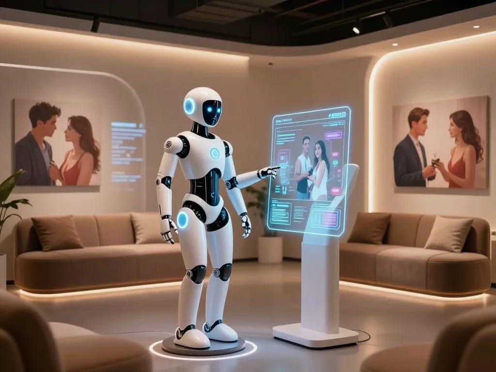 AI sex bot in a futuristic showroom with interactive displays, showcasing innovative technology and user engagement.