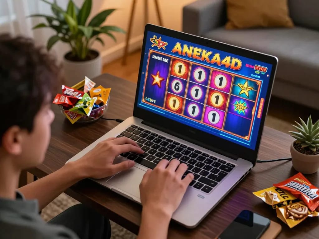 Pemain yang terlibat dalam slot online ANEKA4D dari kenyamanan rumah, menunjukkan kegembiraan dan suasana bermain.