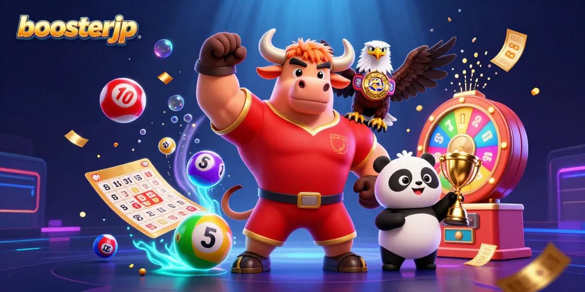 Engage with boosterjp and win big with vibrant lottery elements and dynamic characters in this thrilling gaming scene.