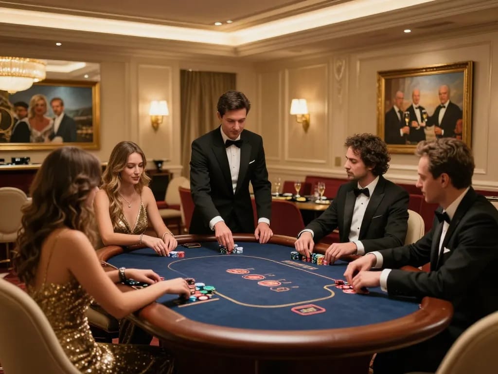 King33 players at a high-stakes poker table enjoying a thrilling game in a luxurious casino.