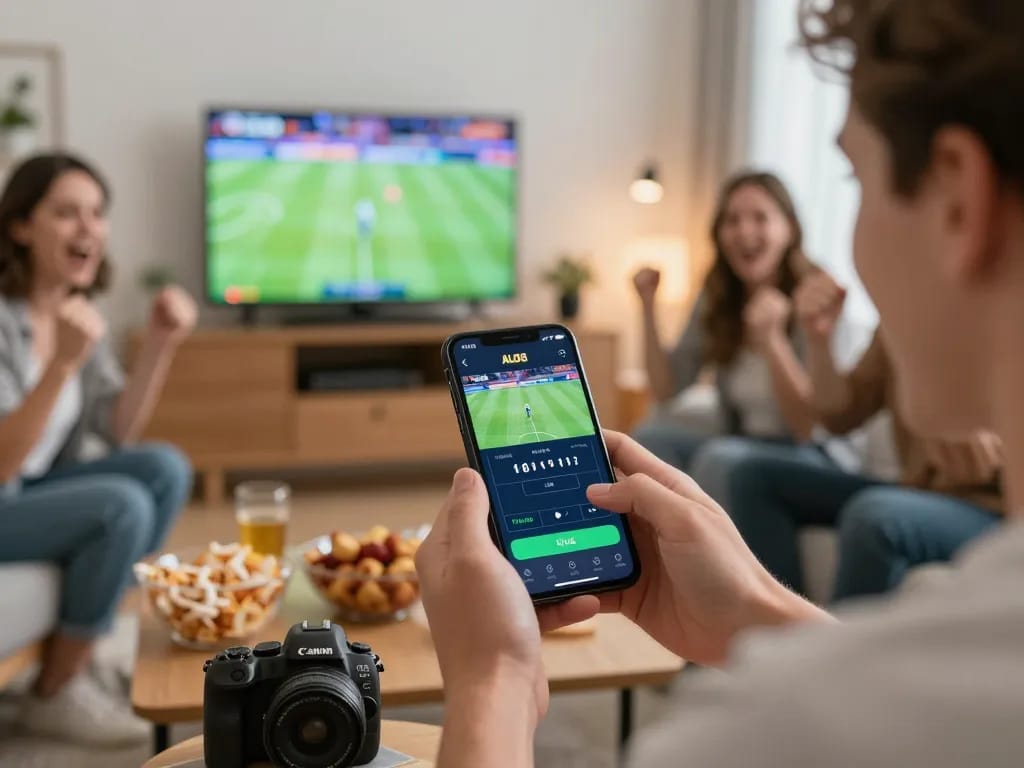 Player using ALO8 mobile app to place a bet on a live sports event, with friends cheering nearby