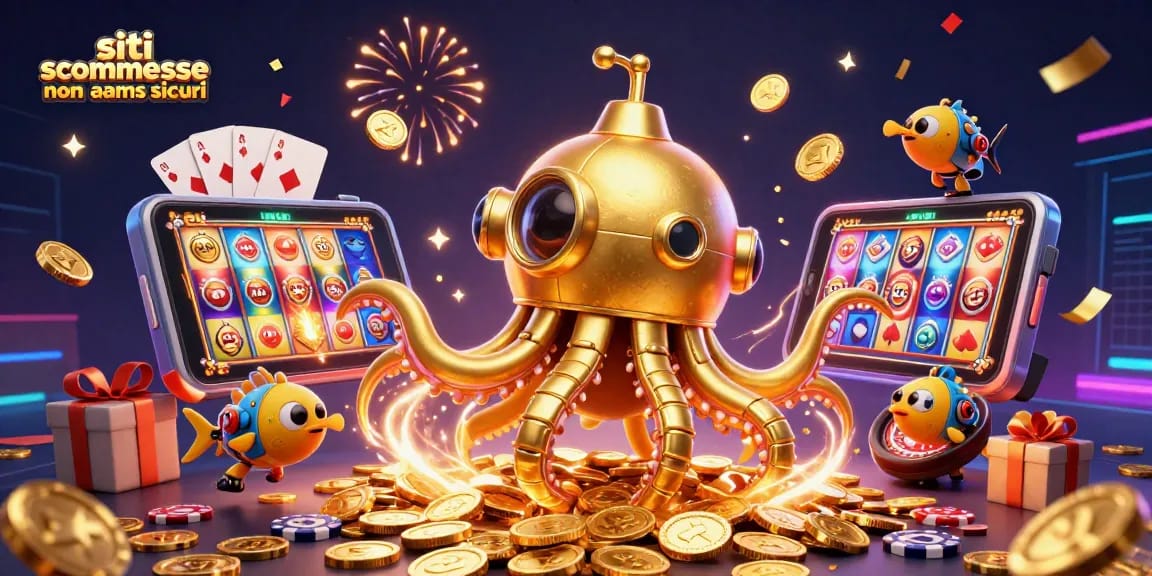 Immagine vibrante sui siti scommesse non AAMS sicuri con un kraken e elementi di gioco inclusi.