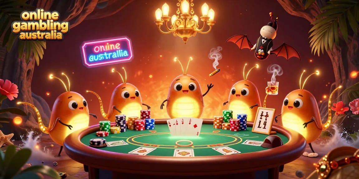Engage in online gambling australia with vibrant glowworms illuminating a cave casino scene.