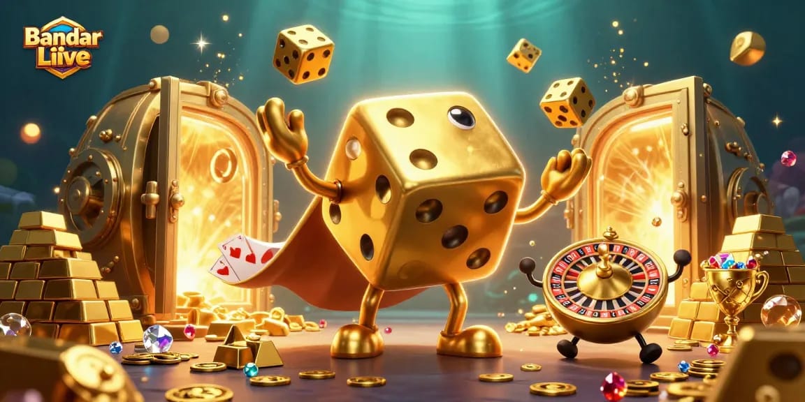 Experience the thrill at Bandar Live Casino with vibrant characters and lively casino elements in a dynamic 3D scene.
