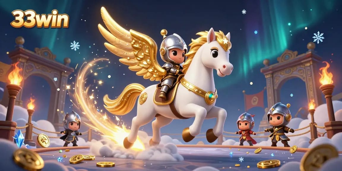 Engage in thrilling gameplay at 33win, featuring a celestial knight galloping through an exhilarating casino scene.