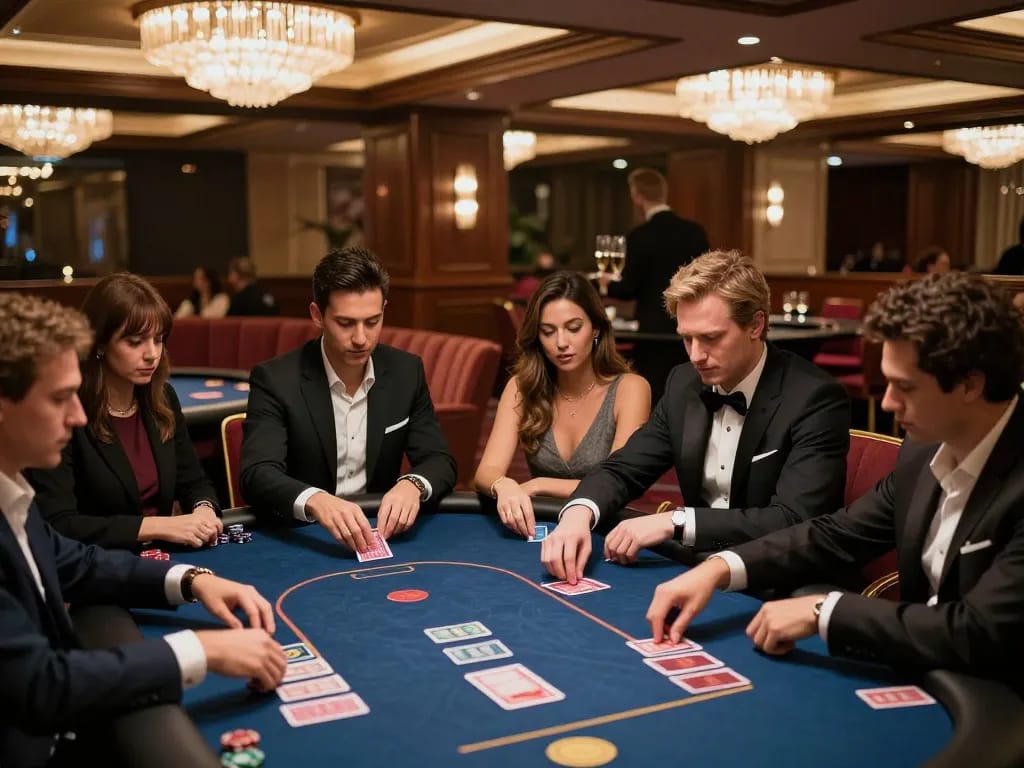 Engaged players strategizing at the exclusive poker table in five88 casino.