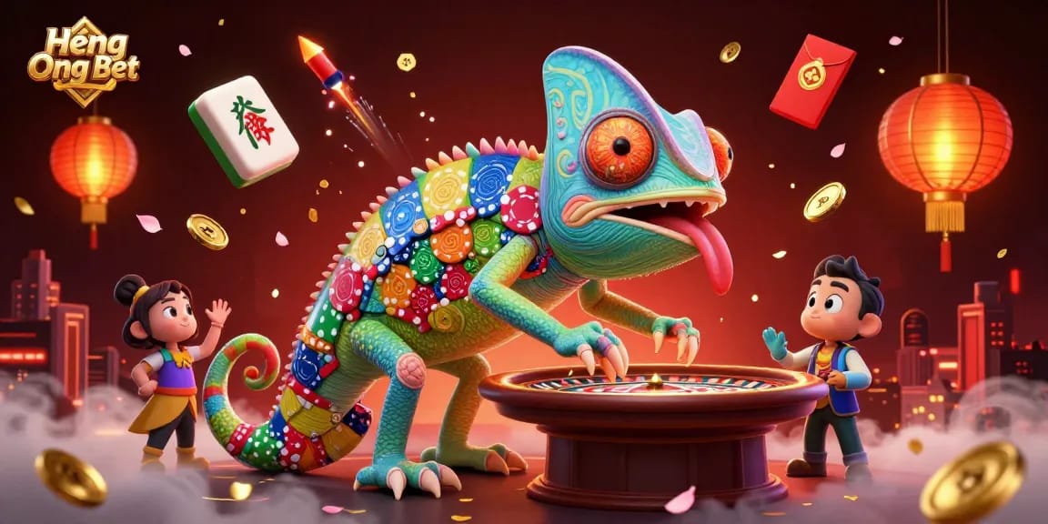 Engage with Heng Ong Bet's vibrant 3D casino scene featuring a colorful chameleon owner and dynamic gaming elements.