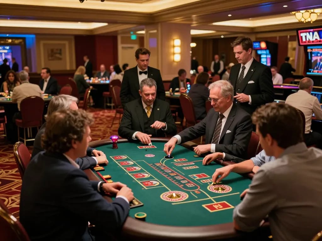 Players enjoying blackjack and roulette at a casino, highlighting 90phut's vibrant atmosphere and strategic gameplay.