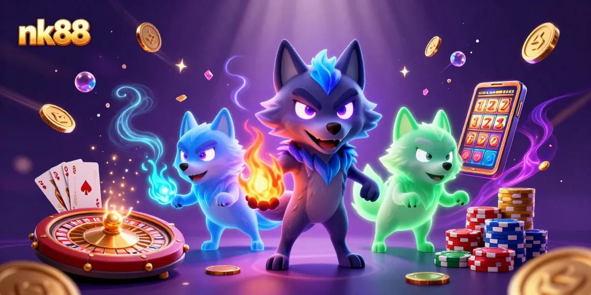 Experience thrilling gameplay at nk88 with glowing wolf characters surrounded by cascading coins and casino elements.