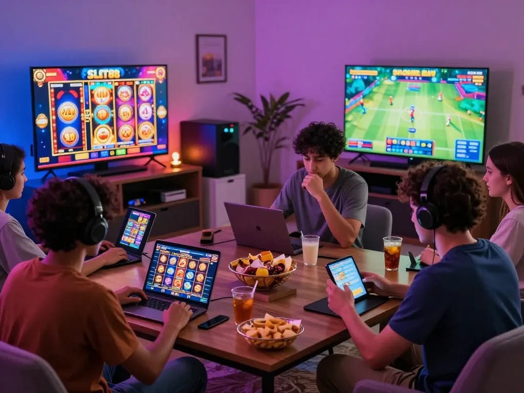 Players enjoying slot88 games in a vibrant, social gaming environment at home.