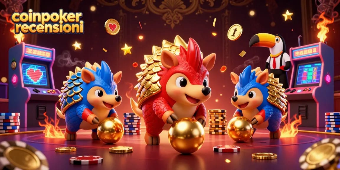 Coinpoker recensioni: scene vivaci con pangolini e chips da poker nell'illustrazione 3D.