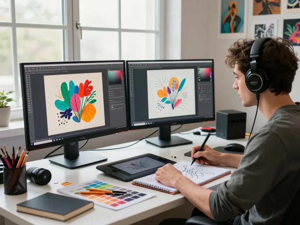 Digital artist generating prompts using the image to prompt tool in a creative workspace.