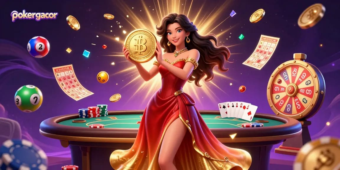 Experience the thrill of pokergacor with vibrant poker elements and a stunning central character.