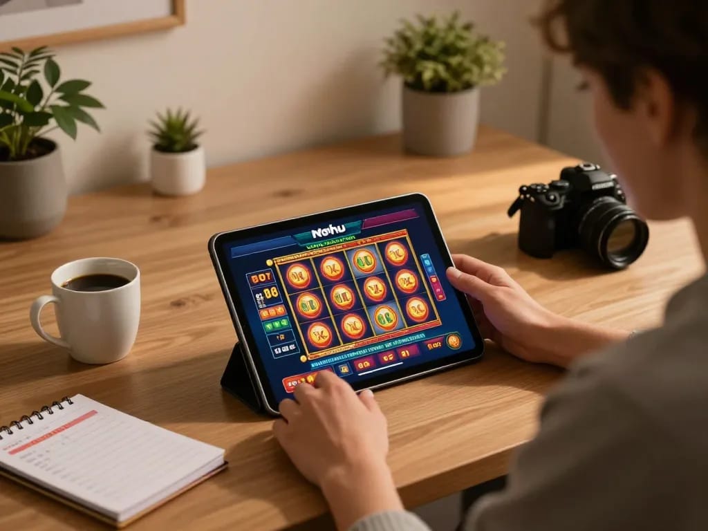 Nohu player enjoying online slot gaming on tablet with winning screen in cozy home setting.