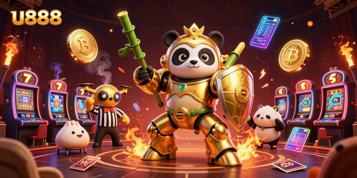 Experience thrilling gameplay with u888 in a casino arena showcasing colorful slot machines and crypto coins.