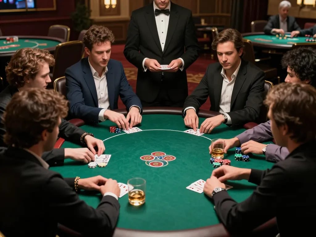 Players strategizing their bets at tg88 poker table under soft casino lights
