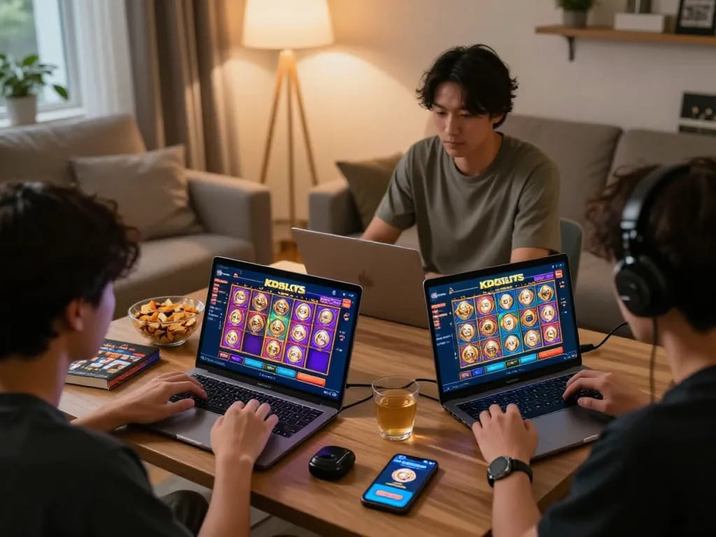 Players engaging in kdslot gameplay at home, focused on colorful online slot games with cozy atmosphere.