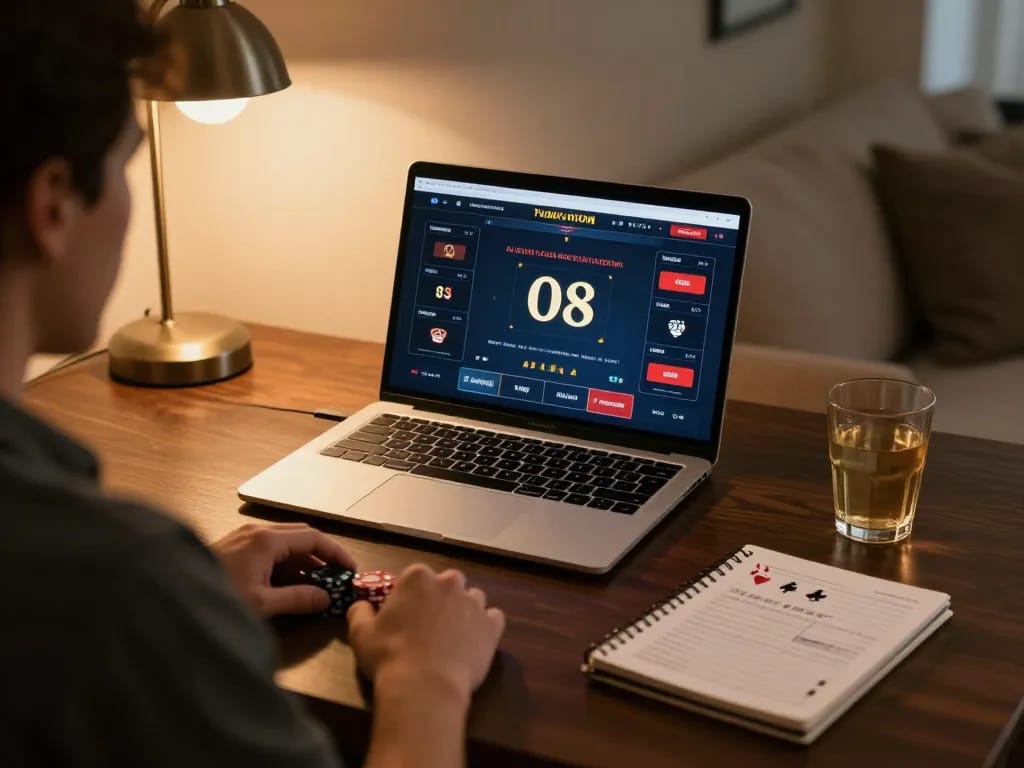Player engaging in strategic online poker at O8 casino, focusing on laptop while surrounded by strategic notes.