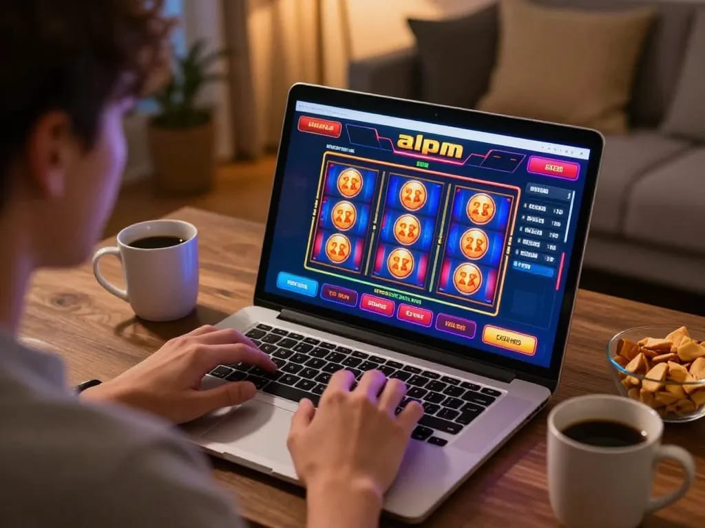 Alo8 player engaged in online casino gaming session, colorful slot machines on screen.