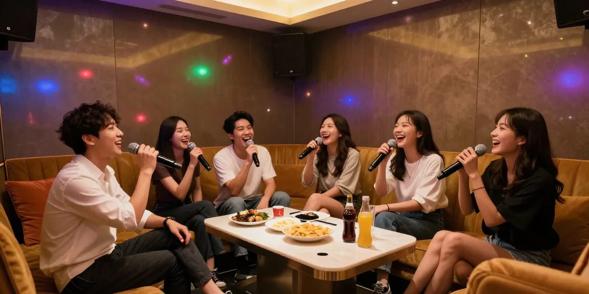 강남 엘리트의 프라이빗한 노래방에서 친구들이 즐겁게 노래하는 모습