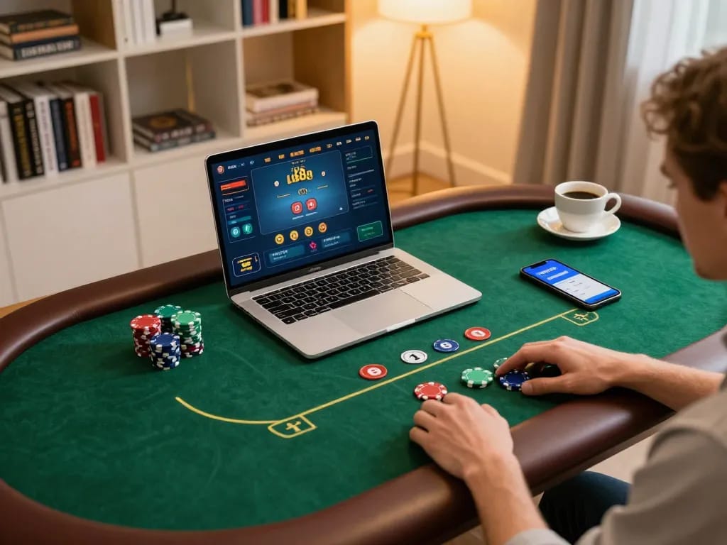 Engaged player strategically using lu88 online app for poker at home with chips and notes