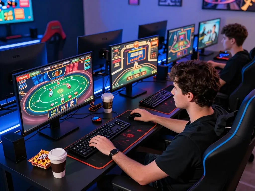 Engaging online gaming scene at the best widget store featuring diverse casino game screens and focused player