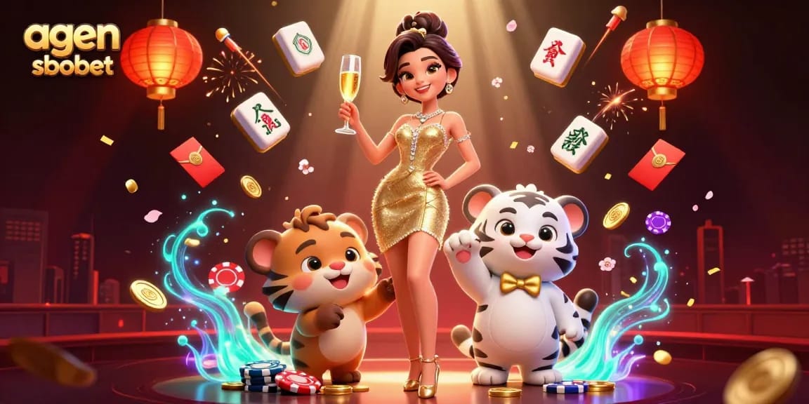 Win big at agen sbobet with a glamorous woman and a lucky white tiger cub amidst casino elements.