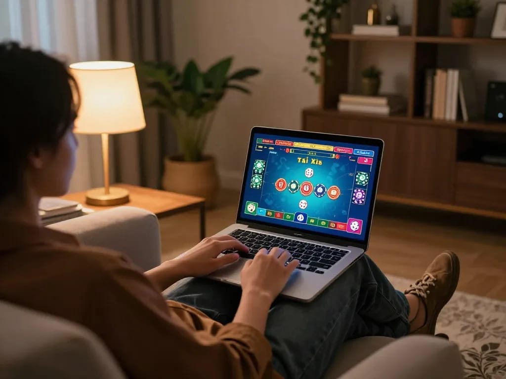 Player engaging in Tài Xỉu gaming on taixiuonline8 in a cozy home setting.
