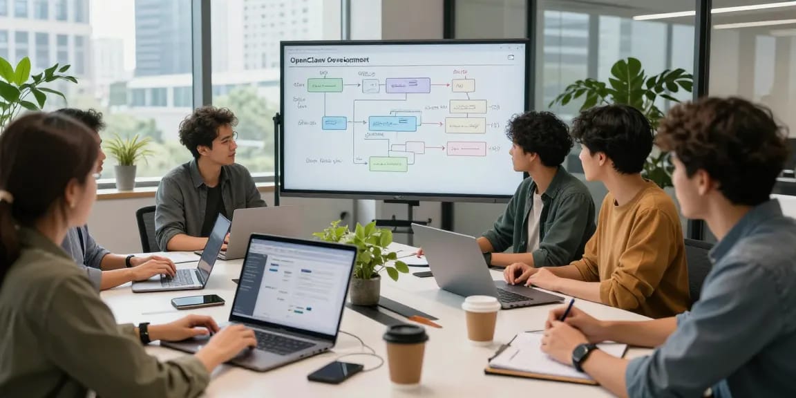 Developers showcasing openclaw skills in a collaborative software workspace with modern tech.