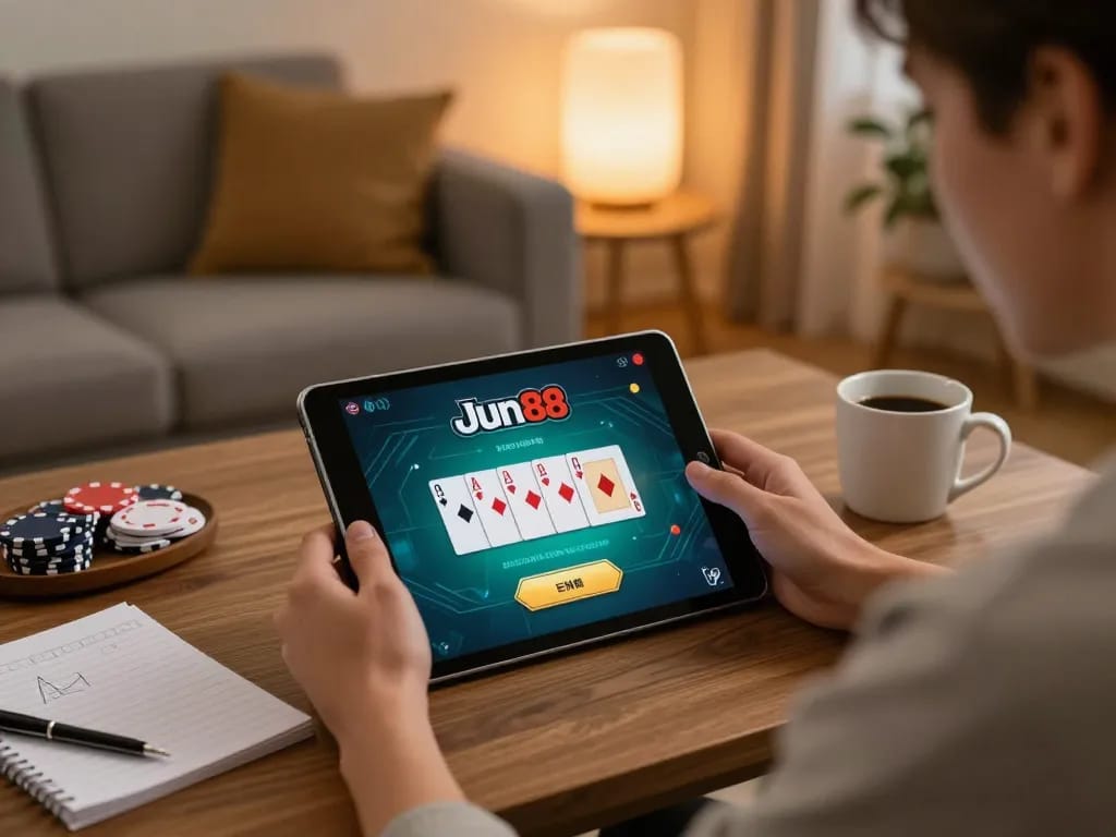 Engage in poker gameplay on Jun88 in a cozy home environment.