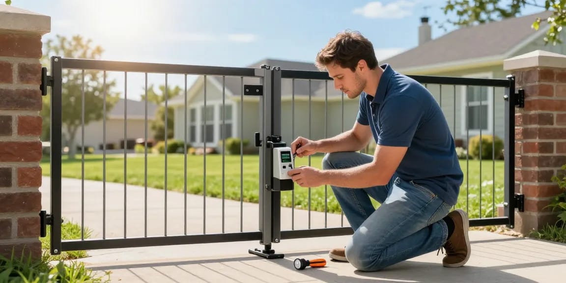 Mighty Mule gate opener troubleshooting in suburban driveway with homeowner examining gate mechanism.