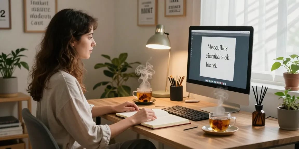 Individual practicing wellness techniques with rokok88 resources in a cozy home office.